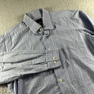 David Donahue Dress Shirt Mens 17 34/35 Blue Plaid Windowpane Cotton Long Sleeve
